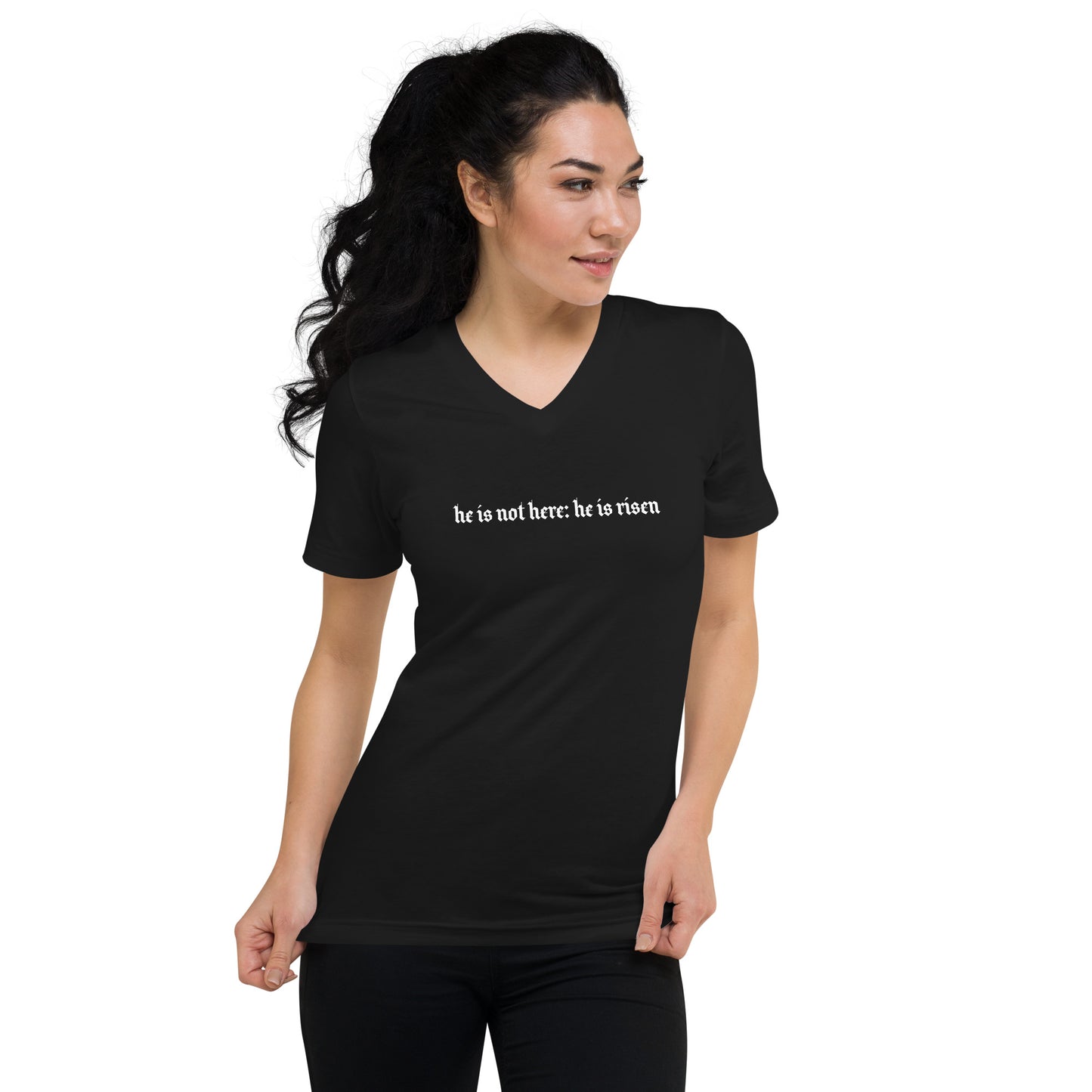 He's Not Here Unisex Short Sleeve V-Neck T-Shirt